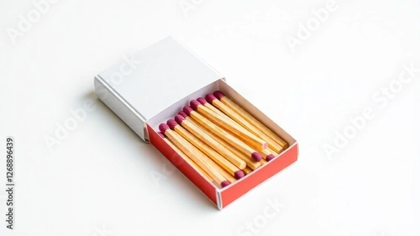 Fototapeta a partially opened matchbox with several matches inside, placed on a plain, light-colored background