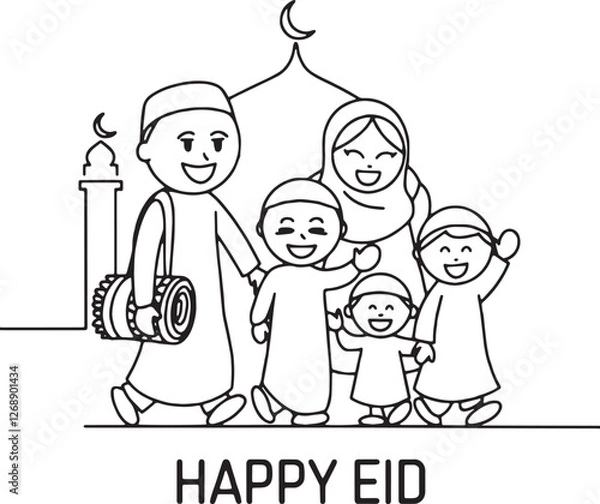 Fototapeta a minimalistic, single-line drawing of a joyful stickman family celebrating Eid ul-Fitr.