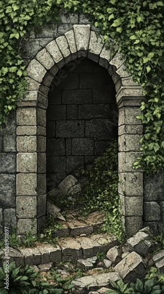 Fototapeta Overgrown stone archway with crumbling steps and dark entrance