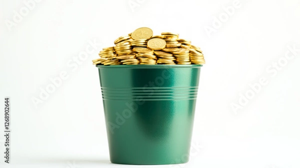 Fototapeta A green bucket overflowing with shiny gold coins, symbolizing wealth and abundance, on white background, Saint Patrick's Day