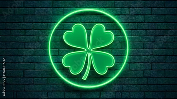 Fototapeta A glowing green four-leaf clover neon sign against a dark brick wall background, symbolizing luck and good fortune, Saint Patrick's Day