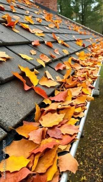 Fototapeta a roof gutter overflowing with autumn leaves, highlighting the need for seasonal cleaning and maintenance.