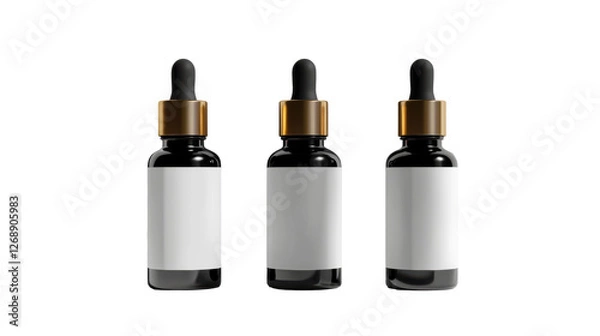 Fototapeta 3 Dropper bottles with blank white labels on an isolated background, mockup photography, high-resolution product photo for a beauty and spa shop website design.