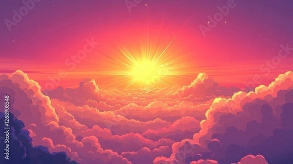 Fototapeta Illustration depicts a vibrant sunset sky filled with fluffy clouds