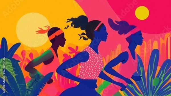 Fototapeta Vibrant Abstract Art of Women Running Through Tropical Landscape at Sunset