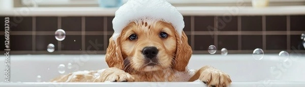 Fototapeta A cute puppy enjoys a bath with bubbles and a foam hat, showcasing a playful and adorable moment.