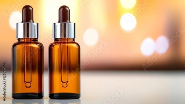 Fototapeta amber glass dropper bottle on a reflective surface with a blurred warm background