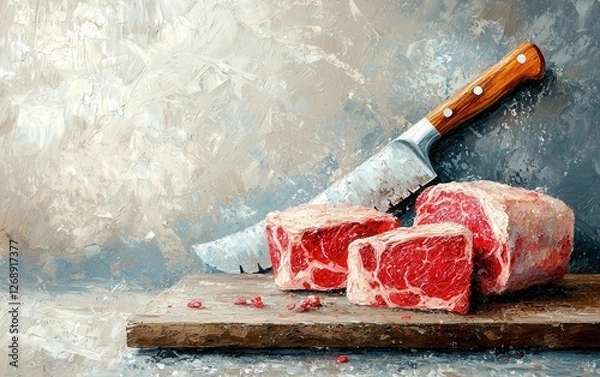 Fototapeta Oil painting of an artisanal butcher meat shop at fresh market. Fresh cuts of red meat on a wooden board with a sharp knife, set against a textured background.