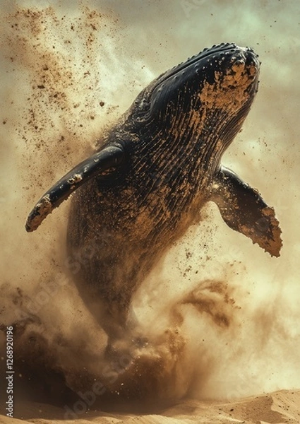 Obraz A humpback whale breaching through sandy ocean waves on a bright sunny day, showcasing its majestic size and power
