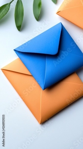 Fototapeta Blue envelope with green leaf on top and notification icons in a digital design layout