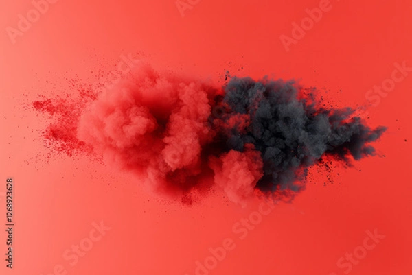 Fototapeta A powerful burst of red smoke cutting through a dimly lit environment, thick plumes stretching high