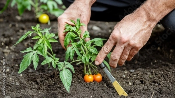 Fototapeta A lush vegetable garden with ripe red tomatoes hanging on green vines under the warm sunlight.