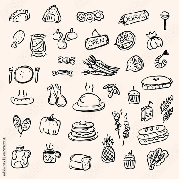 Obraz Hand drawn food doodles illustration set. Sketch style delivery cafe and restaurant icons. Set vector illustration doodles of food, drink, dessert, beverage for invitations, menus and parties. 