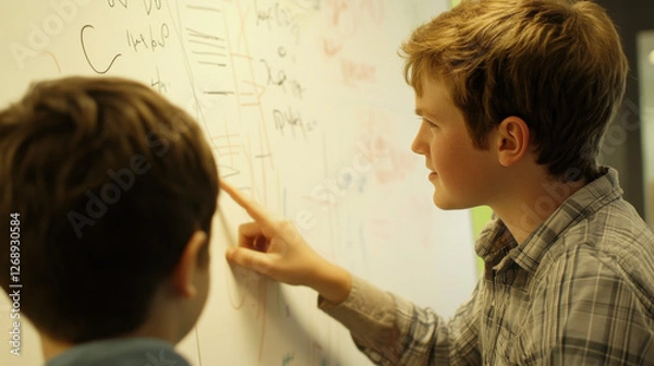 Fototapeta Two Young Boys Engaged in Creative Brainstorming Session Pointing at Whiteboard Filled with Drawings and Diagrams for Collaborative Learning and Problem-Solving