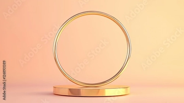 Fototapeta A golden metallic podium with a circular design against a soft peach gradient background