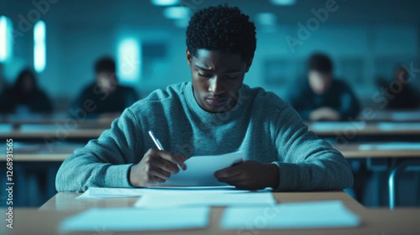 Fototapeta Focused young student taking a test in a classroom setting, surrounded by peers, highlighting academic pressure and concentration during an examination period.