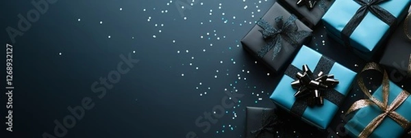 Obraz Elegant Teal and Black Gift Boxes with Glitter Festive Background Perfect for Holidays