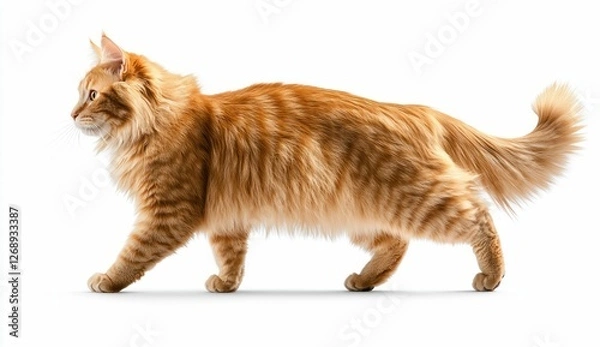 Obraz Fluffy Ginger Cat Walking on White Background