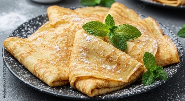 Fototapeta A close-up of a plate of golden folded crepes lightly dusted with powdered sugar garnished with fresh mint leaves