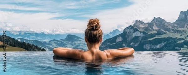 Fototapeta Woman Relaxing in an Infinity Pool with a Mountain View