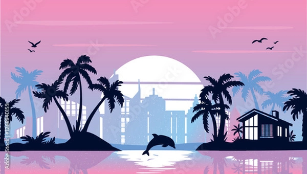 Fototapeta Miami beach vector pink sunset. city ​​skyline by the ocean with palm trees vector