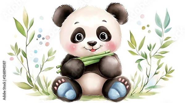 Fototapeta Cute chibi panda with tiny paws, soft watercolor shading, and a happy expression, eating bamboo on a white background
