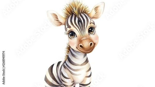Obraz Cute chibi zebra wearing a racing outfit with a tiny helmet, soft watercolor black-and-white stripes, and an excited stance, isolated on a white background