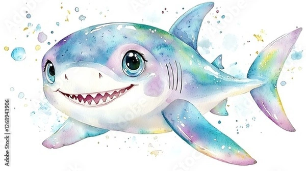 Obraz Kawaii chibi shark with tiny fins, soft watercolor blue tones, and a friendly smile, swimming on a white background