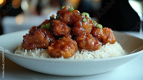 Obraz Tender General Tsoaes Chicken, crispy exterior, sweet and sour sauce drizzled over, served with jasmine rice