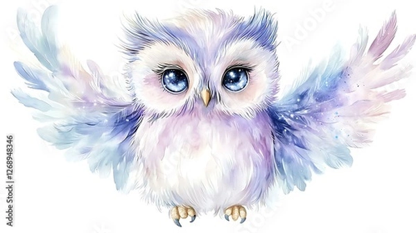Fototapeta Chibi cosmic owl with wings made of swirling galaxies, staring with glowing eyes, soft watercolor cosmic theme, white background