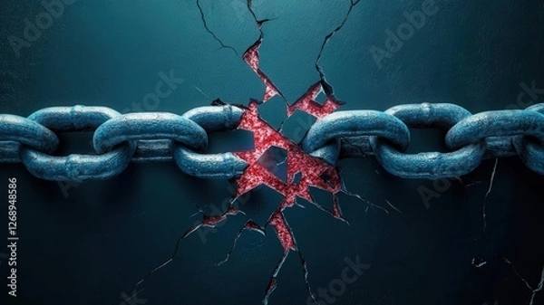 Fototapeta A rustic broken metal chain cracking apart, revealing a dramatic red core effect, symbolizing collapse, weakness, and security failure of the network.