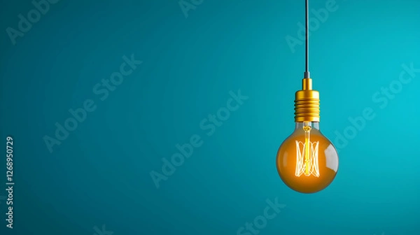 Fototapeta Hanging Lightbulb with Glowing Filament on Gradient Turquoise Background Represents Idea Generation and Creative Solutions