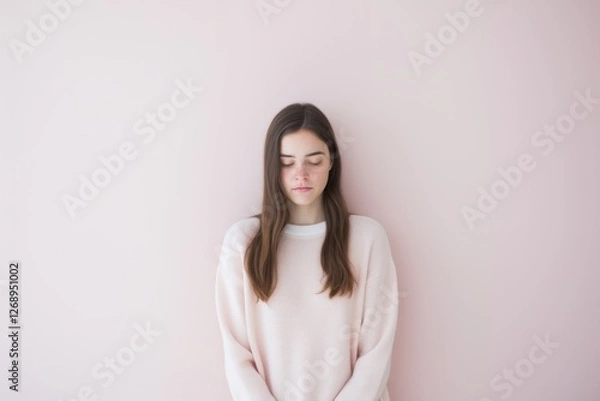 Obraz A woman is wearing a pink sweater and looking at the camera
