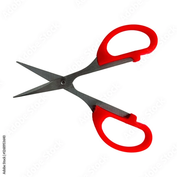 Obraz Small Metal Scissors with Red Handle on White Isolated Background