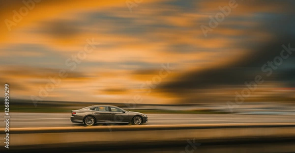 Obraz A brown sedan is driving on a highway at high speed. Side view of a moving car, blurred sunset background with orange clouds.