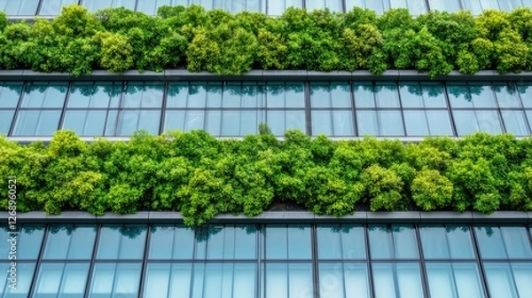 Fototapeta A modern building facade adorned with vibrant greenery, showcasing a harmonious blend of nature and architecture.