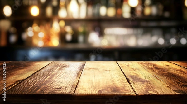 Fototapeta Rustic Wooden Table with Blurred Warm Bokeh Lights – Ideal for Product Display, Cozy Café Marketing, and Restaurant Branding