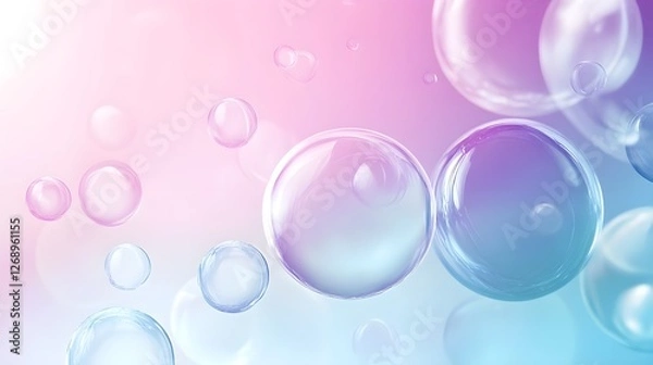 Fototapeta An image of many translucent bubbles floating against a pastel pink and blue background.