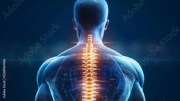 Fototapeta 3D render of human back showcasing glowing spine, symbolizing pain relief and health. intricate details highlight anatomy and energy flow