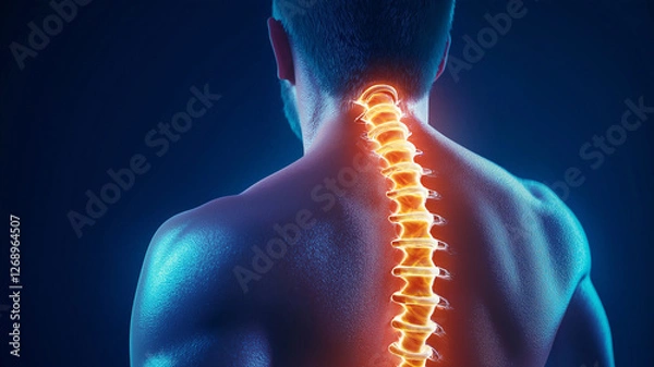 Fototapeta 3D render of male back with glowing spine, showcasing anatomy and health. vibrant colors highlight spine structure, emphasizing its importance in human body