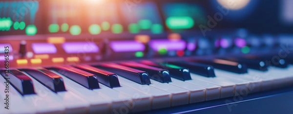 Fototapeta Close up of modern music production studio keyboard with colorful lights, showcasing intricate design and vibrant atmosphere of music creation