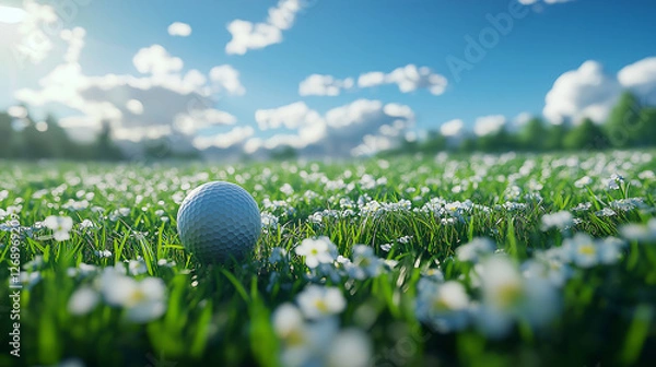 Fototapeta A golf ball on a tee surrounded by green grass and spring scenery under a clear blue sky at course season opening summer vacation 