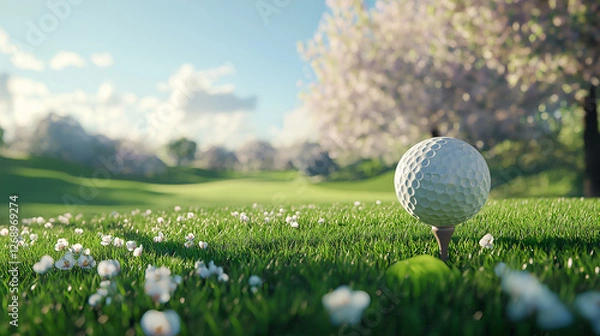 Fototapeta A golf ball on a tee surrounded by green grass and spring scenery under a clear blue sky at course season opening summer vacation 