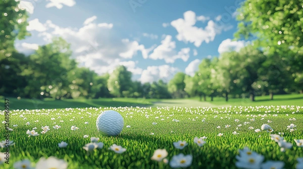 Fototapeta A golf ball on a tee surrounded by green grass and spring scenery under a clear blue sky at course season opening summer vacation 