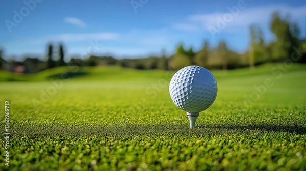Fototapeta A golf ball on a tee surrounded by green grass and spring scenery under a clear blue sky at course season opening summer vacation 