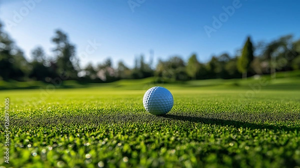 Fototapeta A golf ball on a tee surrounded by green grass and spring scenery under a clear blue sky at course season opening summer vacation 