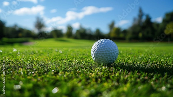 Fototapeta A golf ball on a tee surrounded by green grass and spring scenery under a clear blue sky at course season opening summer vacation 