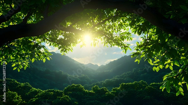 Fototapeta Sunlit Forest Canopy with Lush Green Trees and Distant Mountain Views in Daylight