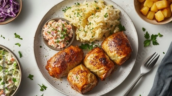 Fototapeta A plate featuring stuffed cabbage rolls, mashed potatoes, coleslaw, and diced apples.