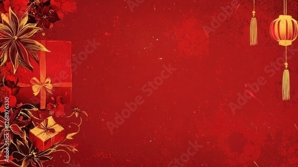 Fototapeta A festive red background featuring gifts, flowers, and lanterns, perfect for celebrations.
